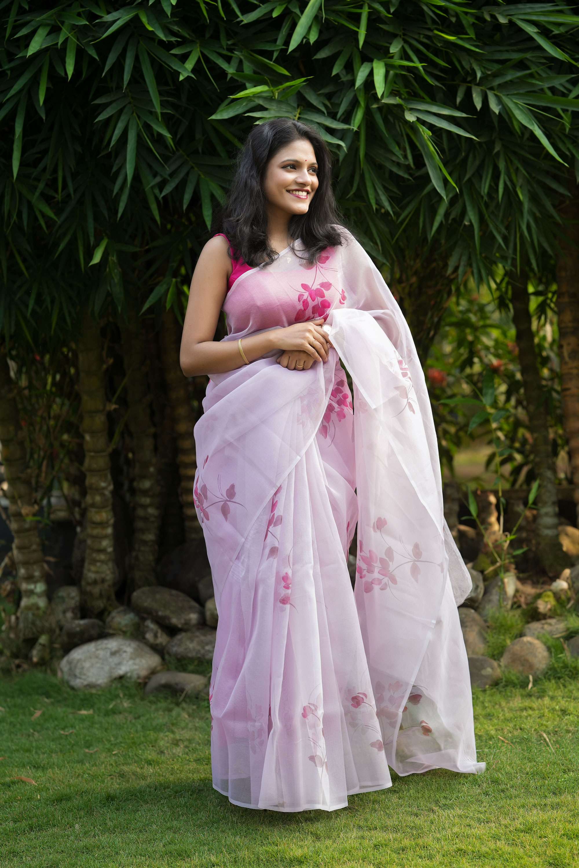 Blush Bloom Pink Organza Saree with Floral Print