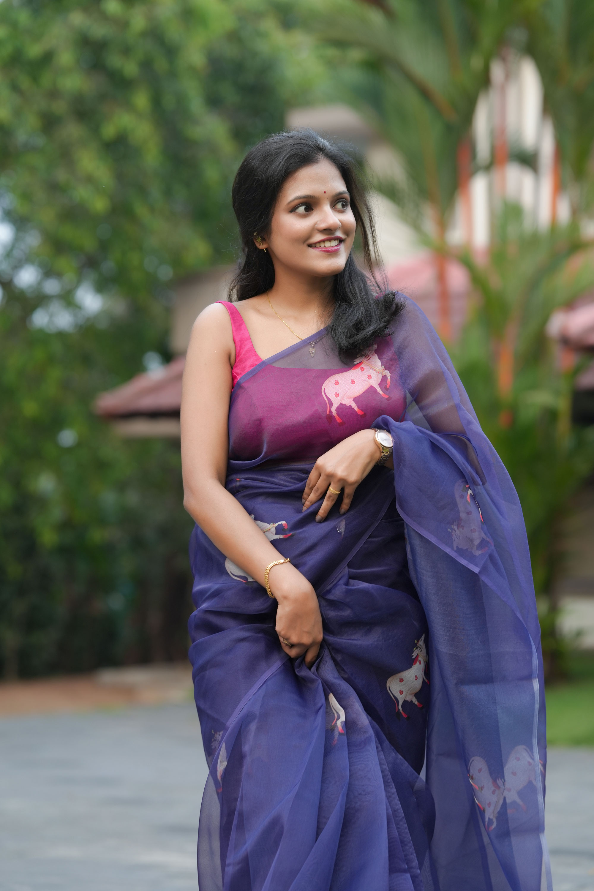 Navy Pasture Organza Saree with Artistic Cow Print