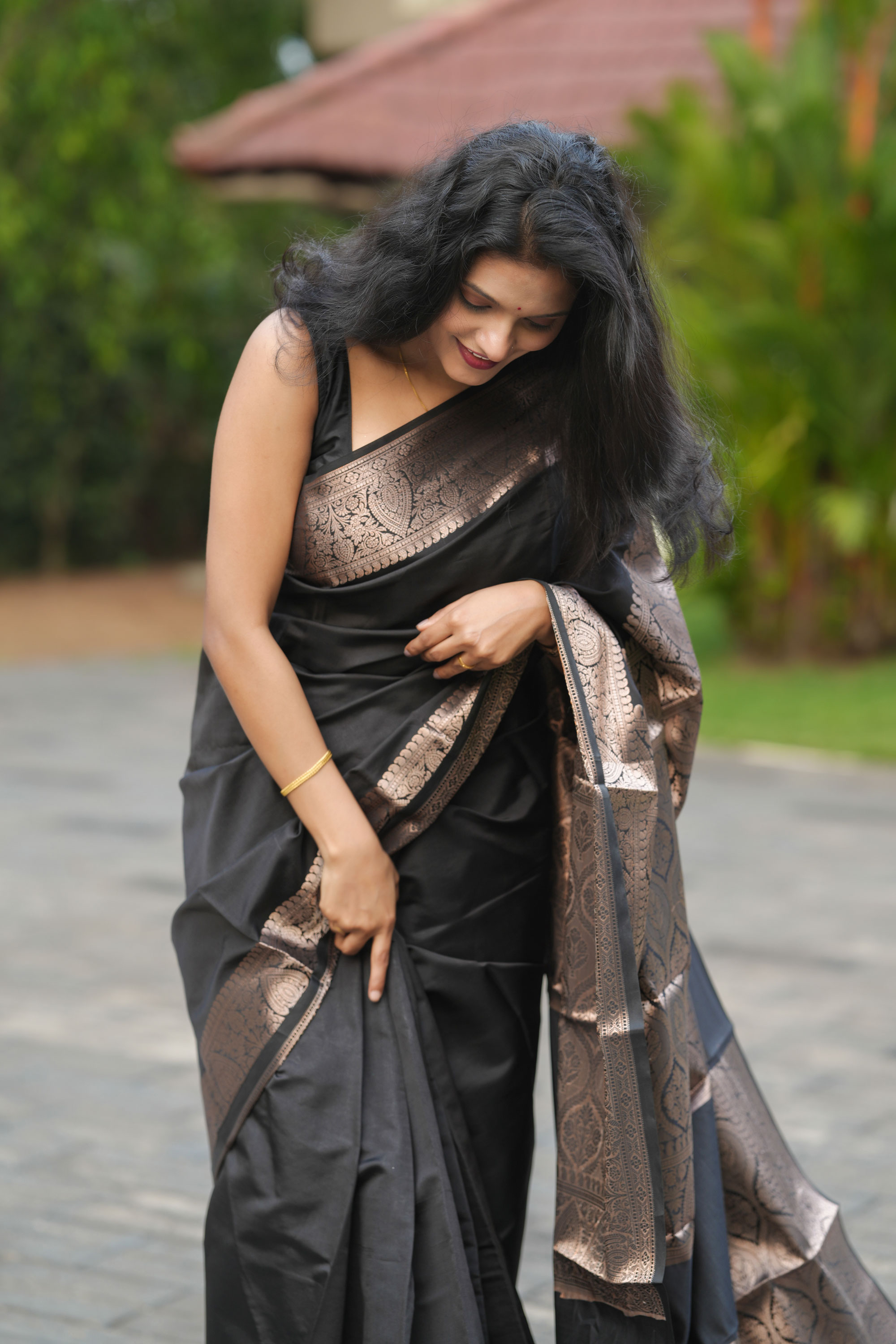 Midnight Grace Katan Silk Saree with Antique Zari Border