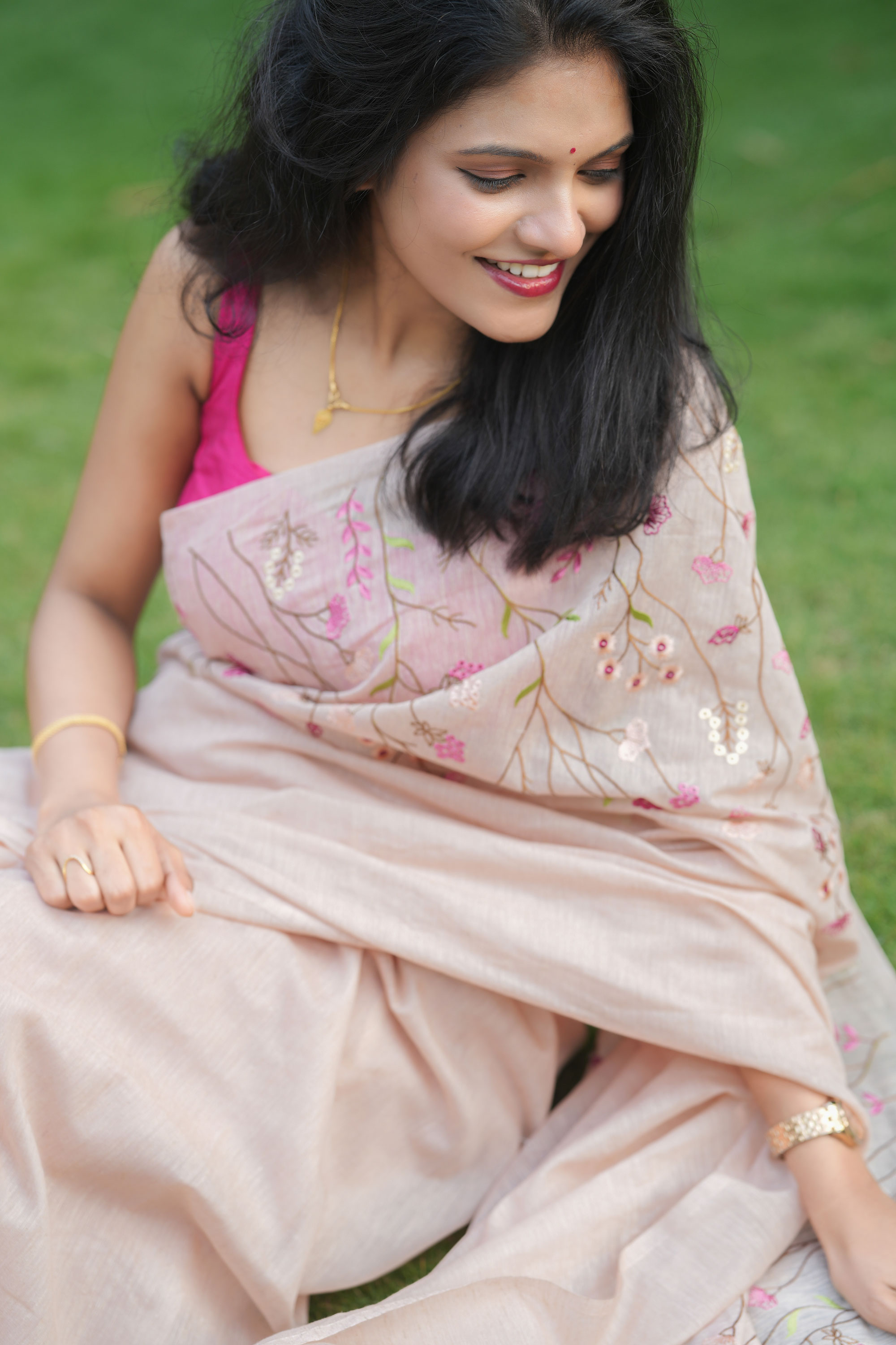 Soft Peach Blossom Banarasi Linen Saree with Floral Embroidery